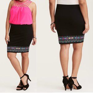 TORRID Black Ponte Knit Pencil Skirt Multicolor Border Print Embroidery 1X 14-16